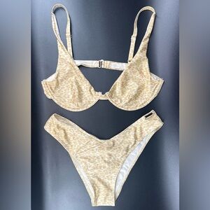 NWT Kendall & Kylie nude leopard bikini gold design two piece swimsuit size L